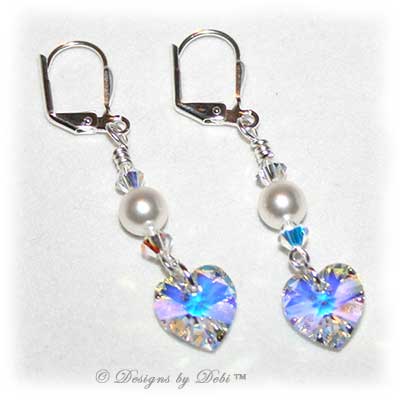 Designs by Debi Handmade Jewelry Swarovski White Pearls, Crystal AB Heart and Crytal AB Bicones Earrings with Sterling Silver Leverbacks for Wedding Bride