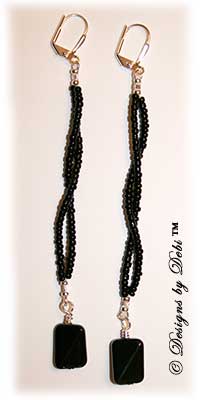 Designs by Debi Handmade Jewelry Long Black Glass and Seed Bead Earrings