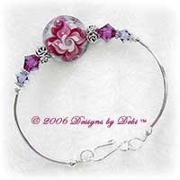 Designs by Debi Handmade Jewelry "Fall Florals" Pink and Purple Artisan Handmade Lampwork Focal Bead and Swarovski Crystal Fuchsia and Tanzanite Bicones Silver Fitted Bangle Bracelet with Hook Clasp ~ OOAK