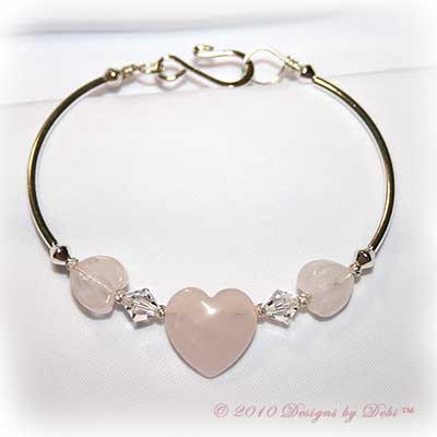 Designs by Debi Handmade Jewelry Rose Quartz Hearts and Swarovski Crystal Bicones Silver Fitted Bangle Bracelet with Hook Clasp