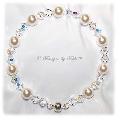 Designs by Debi Handmade Jewelry White Pearl and Swarovski Crystal AB Bicones Bangle Bracelet with Magnetic Clasp
