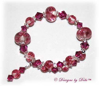 Designs by Debi Handmade Jewelry Fuchsia Daisy Bubbles Glass and Swarovski Crystal Fuchsia and Crystal Bicones Wrap Bracelet ~ No Clasp!