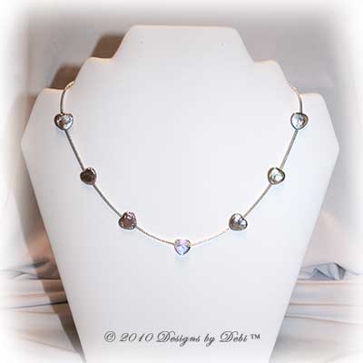 Designs by Debi Handmade Jewelry Irridescent Heart-shaped Pearls and Swarovski Crystal AB Heart Silver Necklace with Hook Clasp