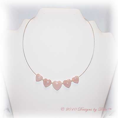 Designs by Debi Handmade Jewelry Rose Quartz Graduated Hearts Silver Necklace with Lobster Clasp