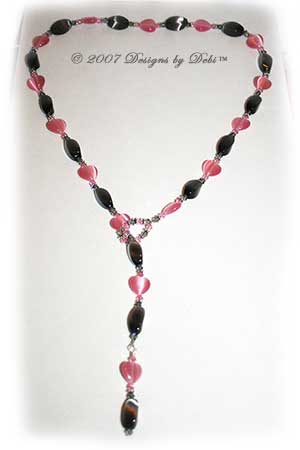 Cat's Eye Gray Twist and Pink Hearts and Swarovski Crystal Light Rose and Black Diamond Bicones Sterling Silver Lariat Necklace