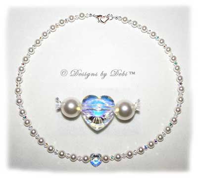 Designs by Debi Handmade Jewelry Swarovski Crystal AB Heart and White Pearls Necklace with Sterling Silver Heart Lobster Clasp