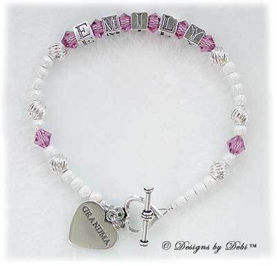 Designs byDebi Handmade Jewelry Karen Style Bracelet in the Twist and Stardust bead combination with Rose (October) crystals, a heart toggle clasp and Grandma heart charm.