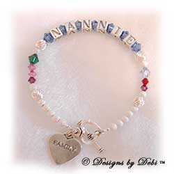 Designs by Debi Handmade Jewelry Personalized Generations Keepsake Bracelet in the Karen Style Twist and Stardust bead combination with every family member's birthstone, a heart toggle clasp and Family heart charm. Grandmother's or Nana's Bracelet