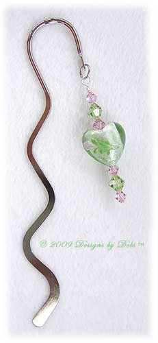 Designs by Debi Handmade Jewelry Lime Green and Pink Hearts and Crystal Silver Squiggle Shepherd's Hook Bookmark