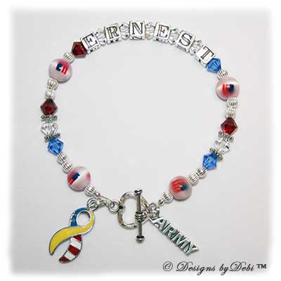 sample photo of the Support Your Soldier Bracelet style #1; with sterling silver letter blocks, Swarovski; crystals, army charm and yellow and flag ribbon charm and flag beads