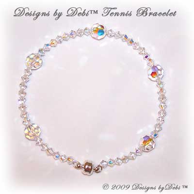 Designs by Debi Handmade Jewelry Swarovski Crystal AB Faceted Rounds and Bicones Bangle Style Tennis Bracelet with Silver Magnetic Clasp