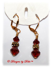 Designs by Debi Handmade Jewelry Swarovski Crystal Siam Red Bicones and Gold Flowers Gold Plated Leverback Earrings