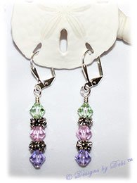 Designs by Debi Handmade Jewelry Swarovski Crystal Chrysolite, Rosaline and Violet Bicones and Silver Flower Spacers Sterling Silver Plated Leverback Earrings
