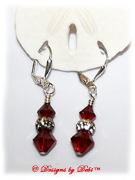 Designs by Debi Handmade Jewelry Swarovski Crystal Siam Red Bicones and Silver Flowers Sterling Silver Plated Leverback Earrings