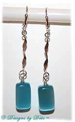 Designs by Debi Handmade Jewelry Silver Twist and Aqua Cat's Eye Long dangly Earrings