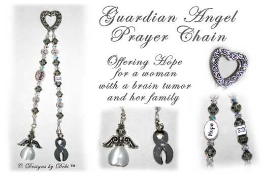 Guardian Angel Prayer Chain™ with ornate textured Bali fine silver heart, Swarovski black diamond gray and crystal ab (aurora borealis) bicone crystals, round silver filigree beads, sterling awareness ribbon bead, silver oval Hope bead, gray awareness ribbon charm and beaded angel.
