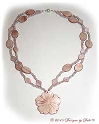 Designs by Debi Handmade JewelryBeige Taupe Mother of Pearl Shell Multi-Strand Necklace with Shell Hibiscus Flower Pendant and Magnetic Clasp OOAK