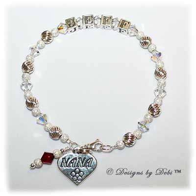 Designs by debi Handmade Jewelry Melania Style Bracelet in the Twist and Stardust bead combination with Crystal AB crystals, a small swivel lobster clasp, Nana heart charm and Siam (July) birthstone dangle.