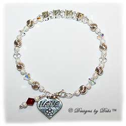 Designs by Debi Handmade Jewelry Keepsake Bracelet in the Melania Style Twist and Stardust bead combination with Crystal AB crystals, a small swivel lobster clasp, Nana heart charm and Siam (July) birthstone dangle Grandmother's or Nana's Bracelet