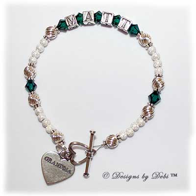 Designs by Debi Handmade Jewlry Zoe Style Bracelet in the Twist and Stardust with Antiqued bead combination, Emerald (May) crystals, a heart toggle clasp and Grandma heart charm