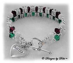 Designs by Debi Handmade Jewelry Personalized Keepsake Bracelet 2 strand Keepsake Bracelet in the Karen Style Stardust and Seamless Round bead combination with Siam (July) and Emerald (May) crystals, a heart toggle clasp and Sister heart charm. Sister's Bracelet
