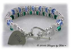 Designs by Debi Handmade Jewelry Personalized Keepsake Bracelet 2 strand Keepsake Bracelet in the Karen Style Stardust and Seamless Round bead combination with Sapphire (September) and Emerald (May) crystals, a heart toggle clasp and Mom heart charm.  Mother's Bracelet