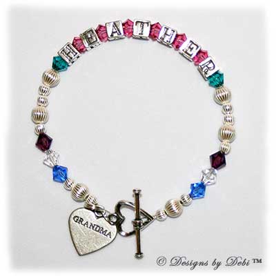 Designs by Debi Handmade Jewelry Karen Style Family Keepsake Bracelet in the Corrugated bead combination with every family member's birthstone, a heart toggle clasp and Grandma heart charm.