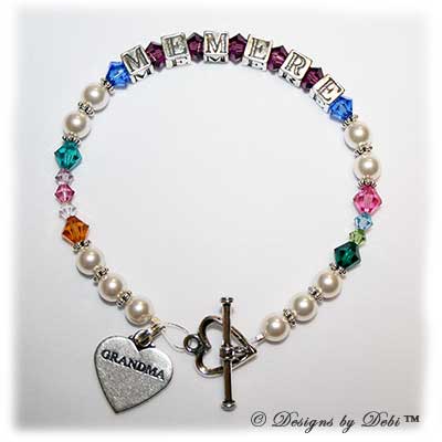 Designs by Debi Handmade Jewelry Ali Style Generations Keepsake Bracelet in the Pearls with Antiqued bead combination with every family member's birthstone, a heart toggle clasp and Grandma heart charm.
