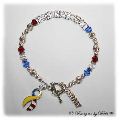 sample photo of the Support Your Soldier Bracelet style #2; with sterling silver letter blocks, Swarovski; crystals, army charm and yellow and flag ribbon charm